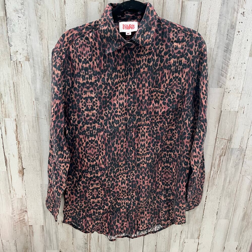 Solid & Striped Oxford Leopard Print 100% Linen Button Front Tunic Shirt XS